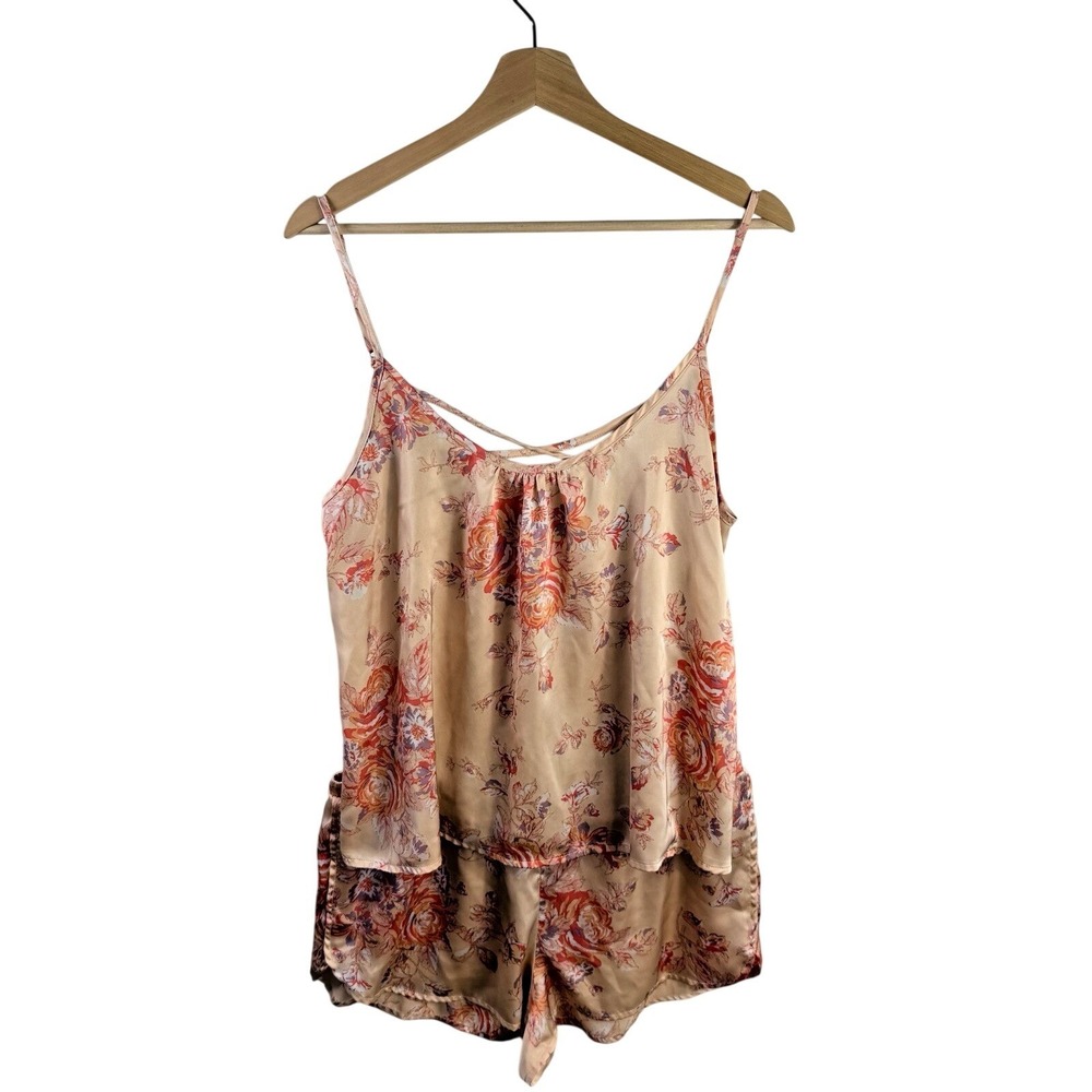 Sincerely Jules Satin PJ Set Peach Floral Sleeveless Top & Shorts Size Medium